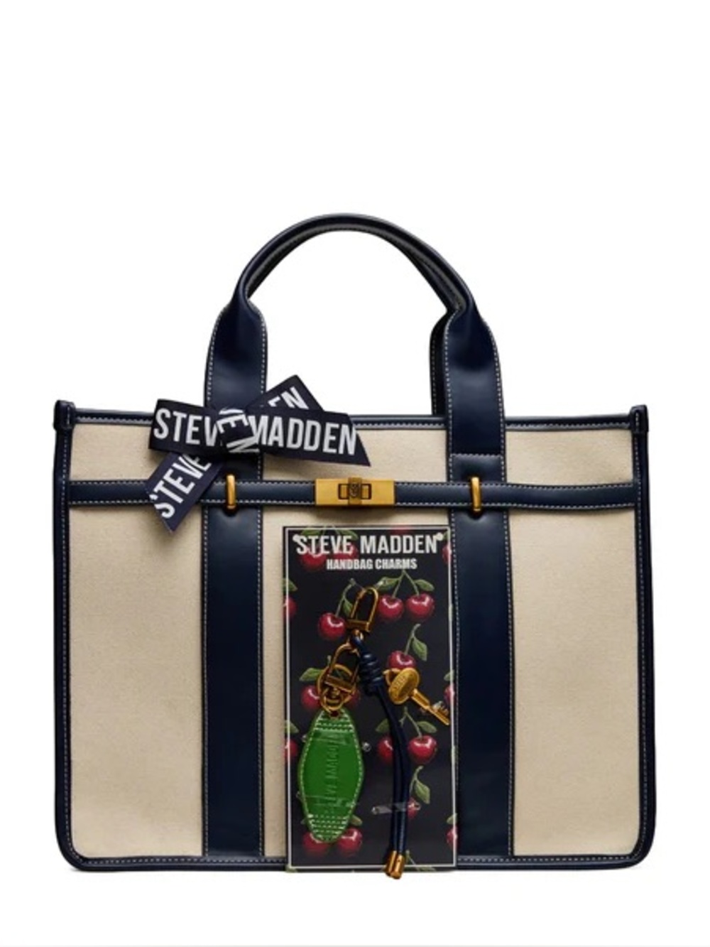 STEVE MADDEN BWEBBER-LRG LARGE TOTE/SHOULDER BAG & CHARMS NATURAL/NAVY NWT
